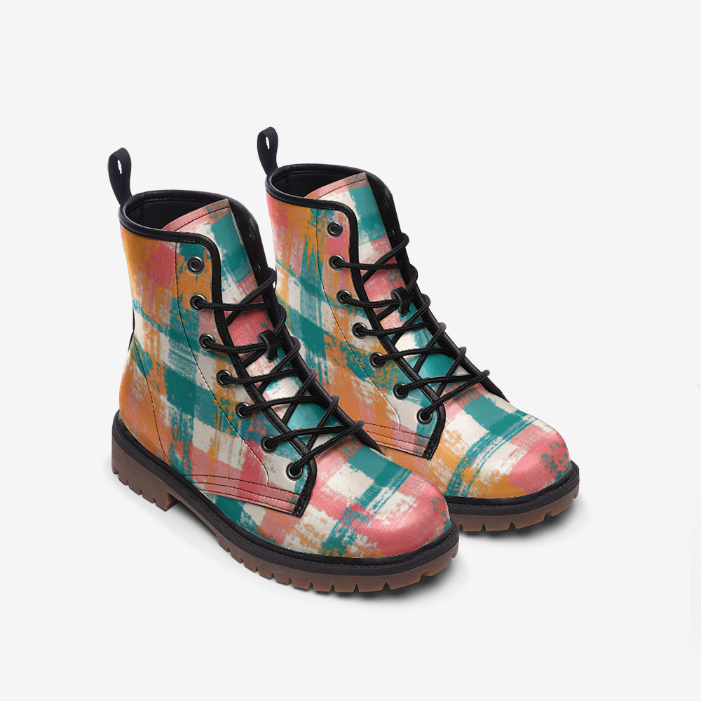 Vampire Art Tartan Grunge Unisex Vegan Leather Combat Boots - Coral, Rust and Teal - US size