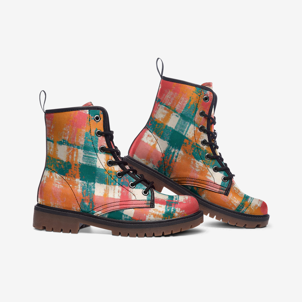 Vampire Art Tartan Grunge Unisex Vegan Leather Combat Boots - Coral, Rust and Teal - US size