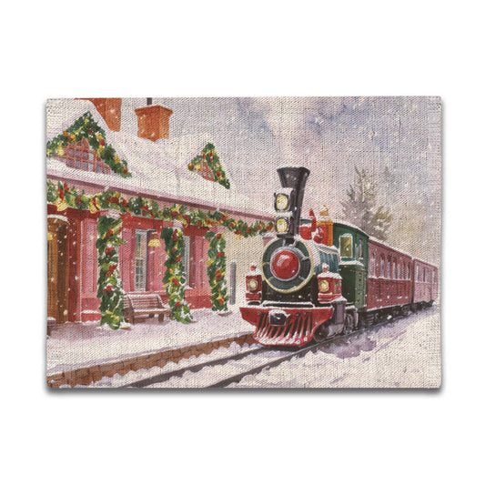 Vampire Art Retro Christmas Linen Placemat Mid Century 60s Vintage Traditional Eco-FriendlyTable Mat - Steam Train and Station