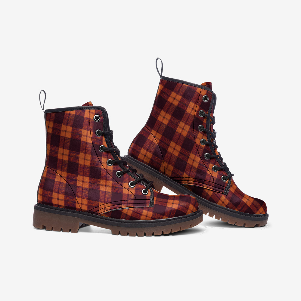 Vampire Art Tartan Grunge Unisex Vegan Leather Combat Boots - Burgundy - US size