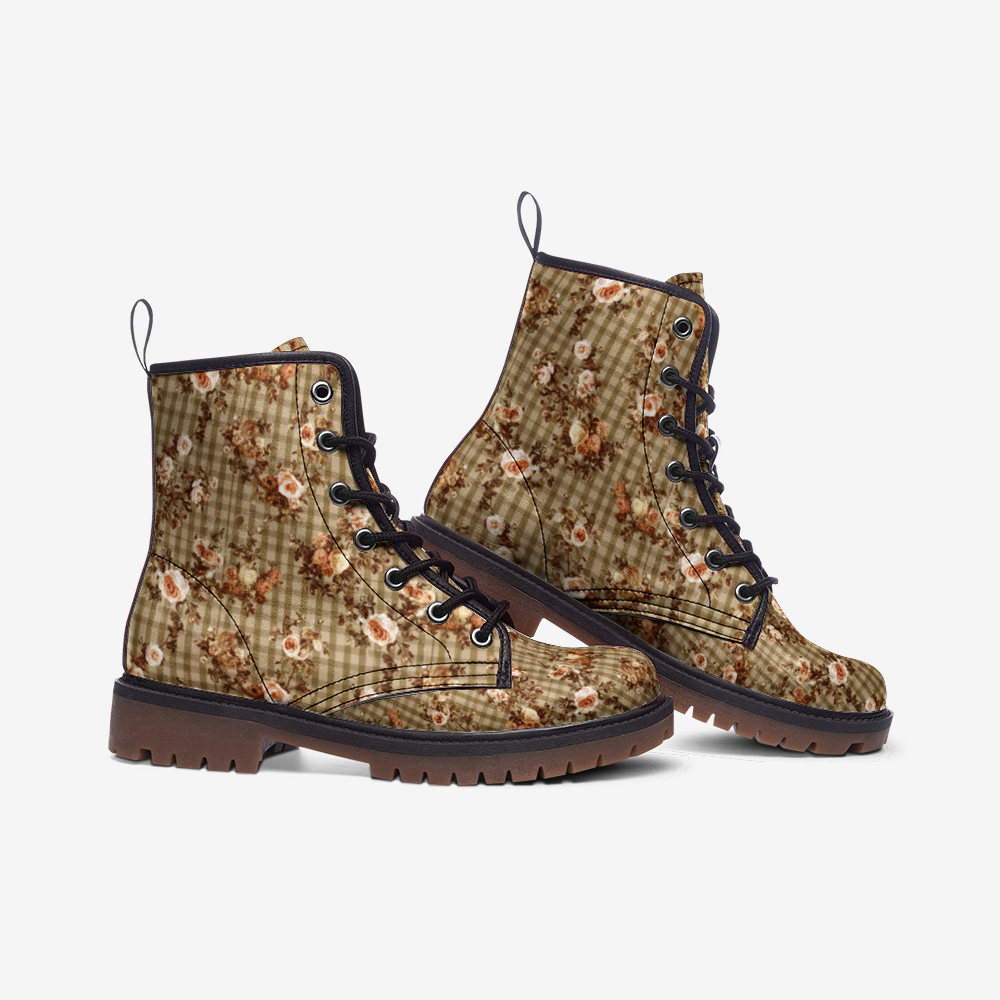 Vampire Art Cottagecore Floral Gingham Unisex Vegan Leather Combat Boots - US sizes - Olive