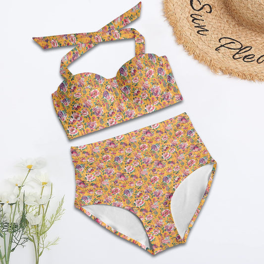 Vampire Art Vintage Charm Floral Halter Bikini - Mustard