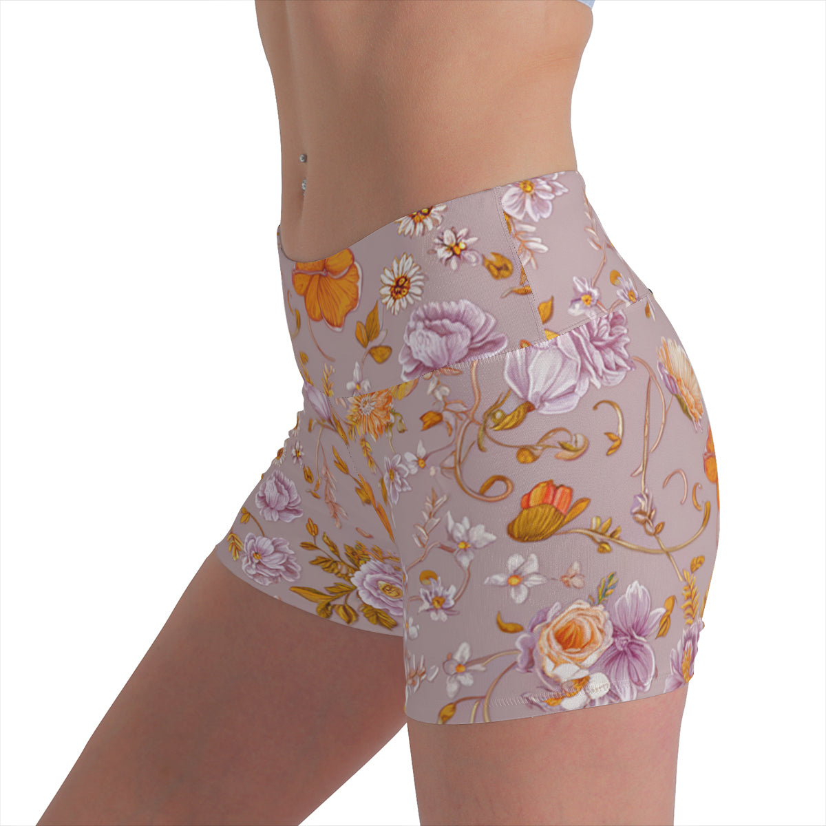 Vampire Art Retro Yoga Cycling Sports Shorts - Mauve and Orange Florals