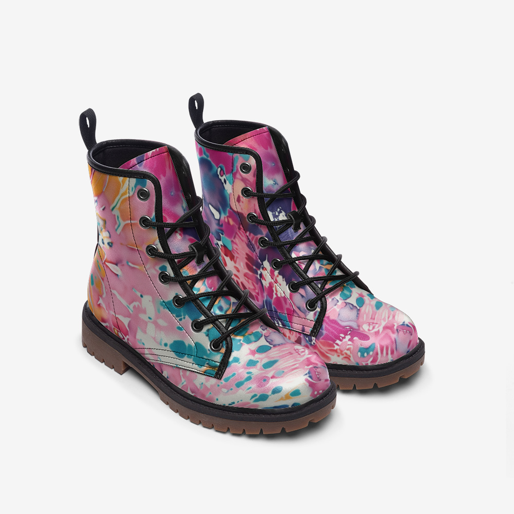 Vampire Art Tie-Dye Hippie Boho Festival Vegan Leather Unisex Combat Boots - Dawn - US sizes