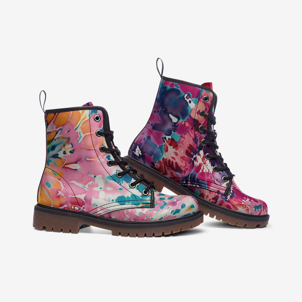 Vampire Art Tie-Dye Hippie Boho Festival Vegan Leather Unisex Combat Boots - Dawn - US sizes