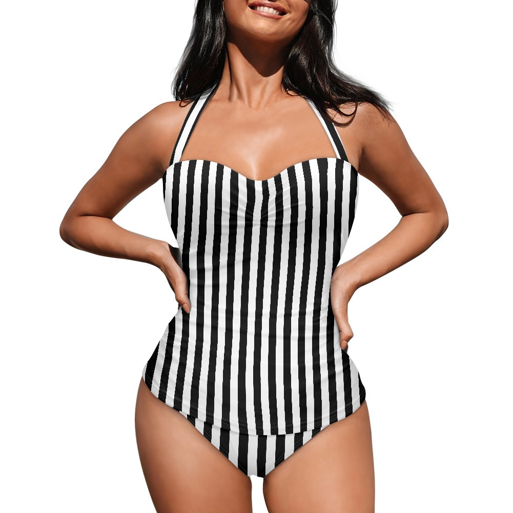 Vampire Art Vintage Chic Halter Neck One-Piece Swimsuit - Vertical Black and White Striped