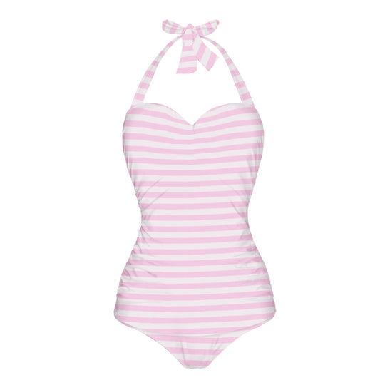 Vampire Art Vintage Chic Halter Neck One-Piece Swimsuit - Pink Stripes