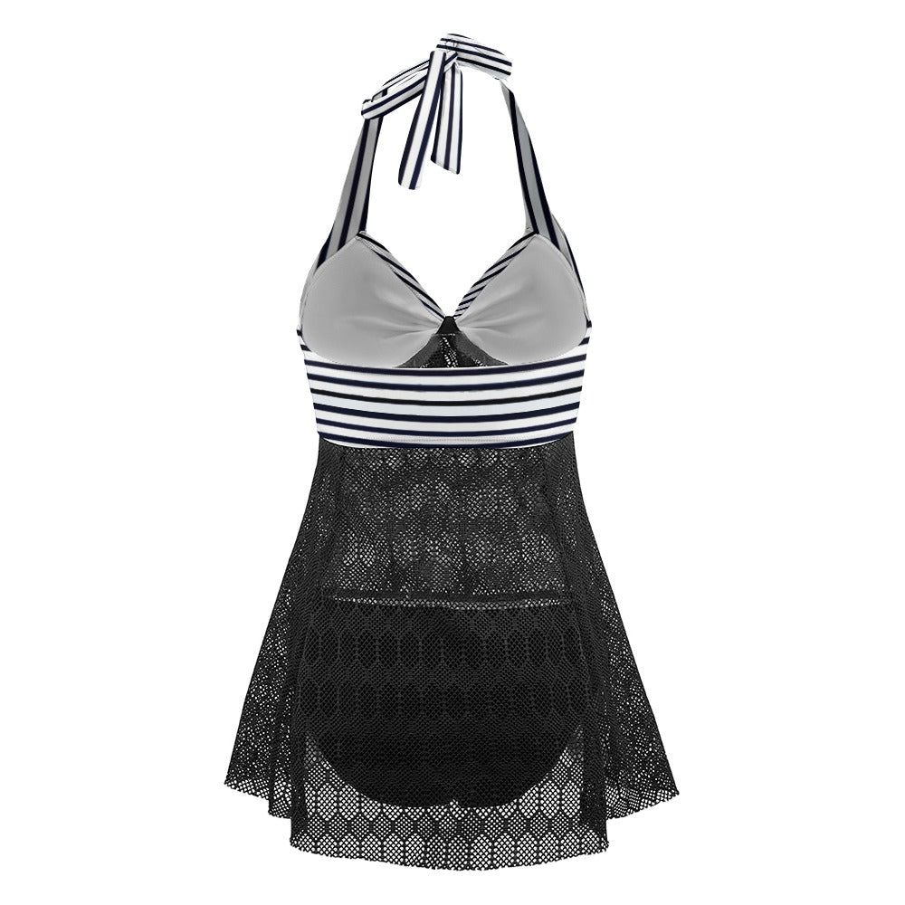 Vampire Art Goth Halter Two Piece Mesh Tankini Swimsuit - Black and White Stripy