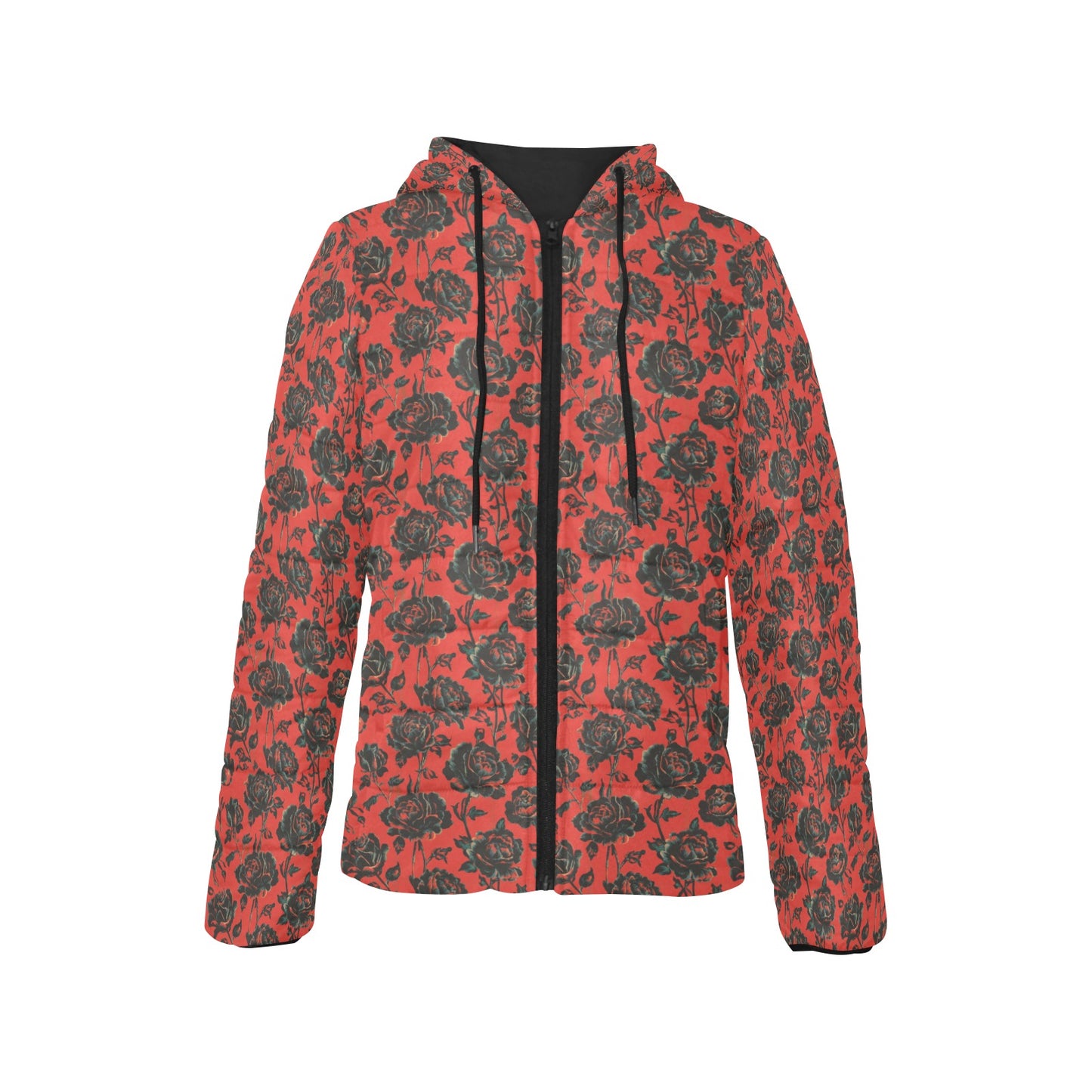 Vampire Art Urban Gothic Women's Padded Hooded Jacket - Black Roses in Red