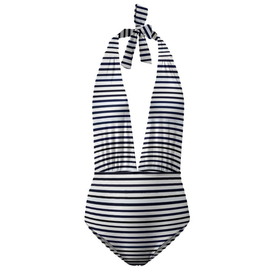 Vampire Art Retro Ladies Halter One Piece Swimsuit - Classic Breton Stripes