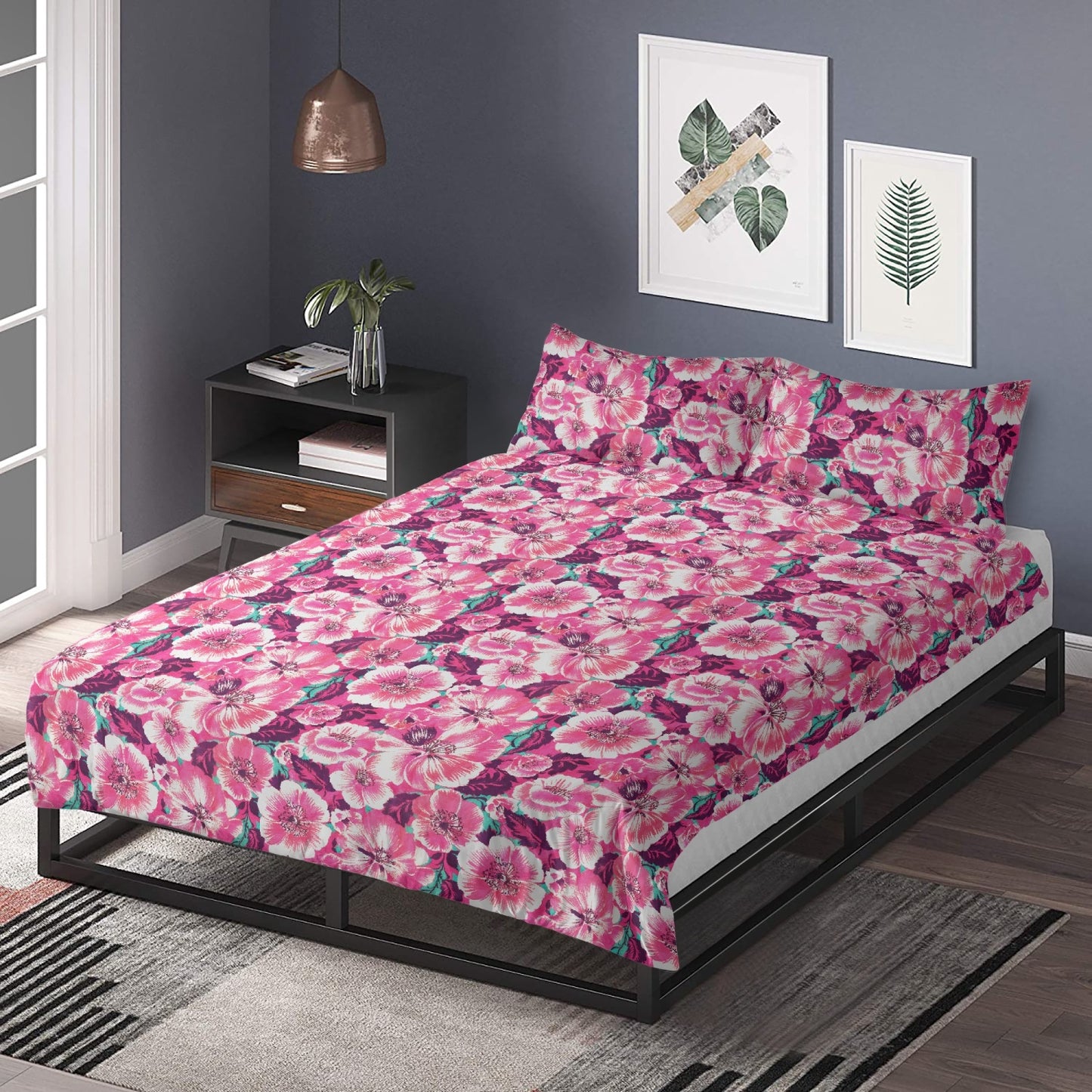 Vampire Art 3-Piece Retro Polyester Bedding Set - Pink Surfy Florals