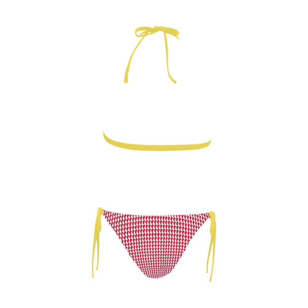 Vampire Art Retro Glam Two-Tone Buckle Halter Bikini Swim Set - Red Houndstooth