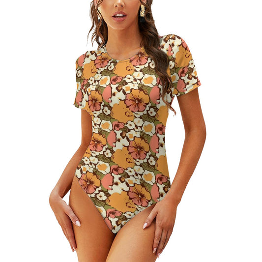 Vampire Art Retro Surf Short Sleeve One-Piece Swimsuit - 70s Boho Florals