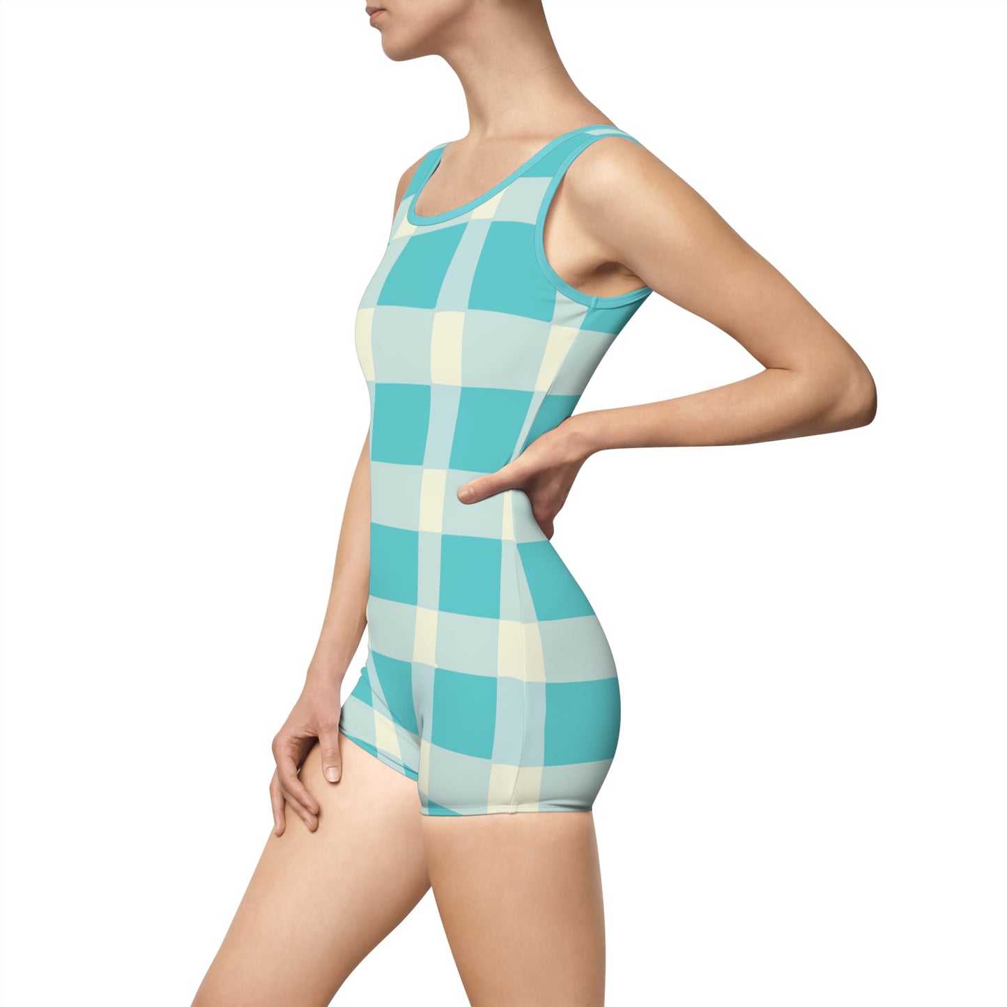 Vampire Art Grunge Giant Gingham Retro Pattern in Blue, Turquoise and Cream Women's Vintage Swimsuit