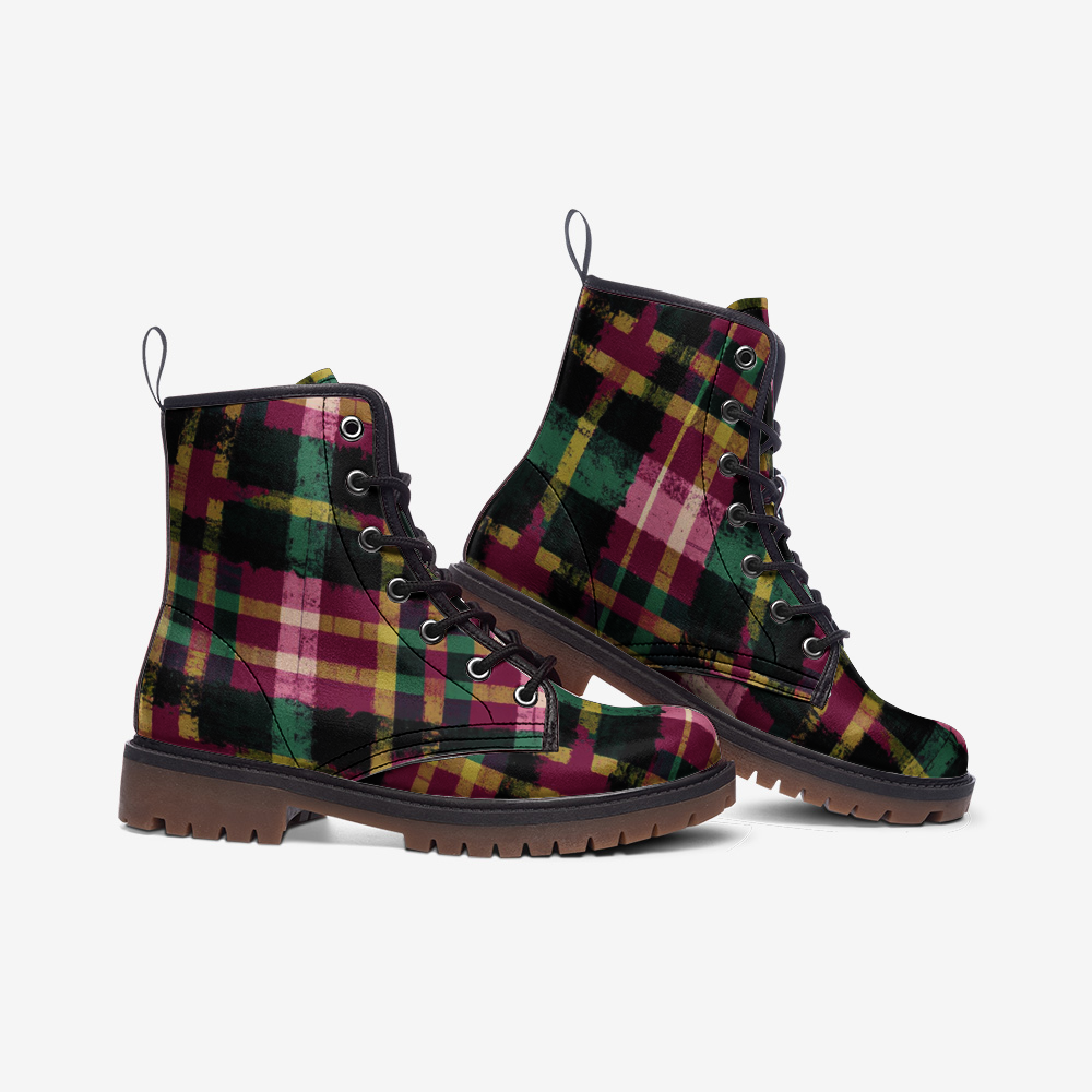 Vampire Art Tartan Grunge Unisex Vegan Leather Combat Boots - Red and Green - US size