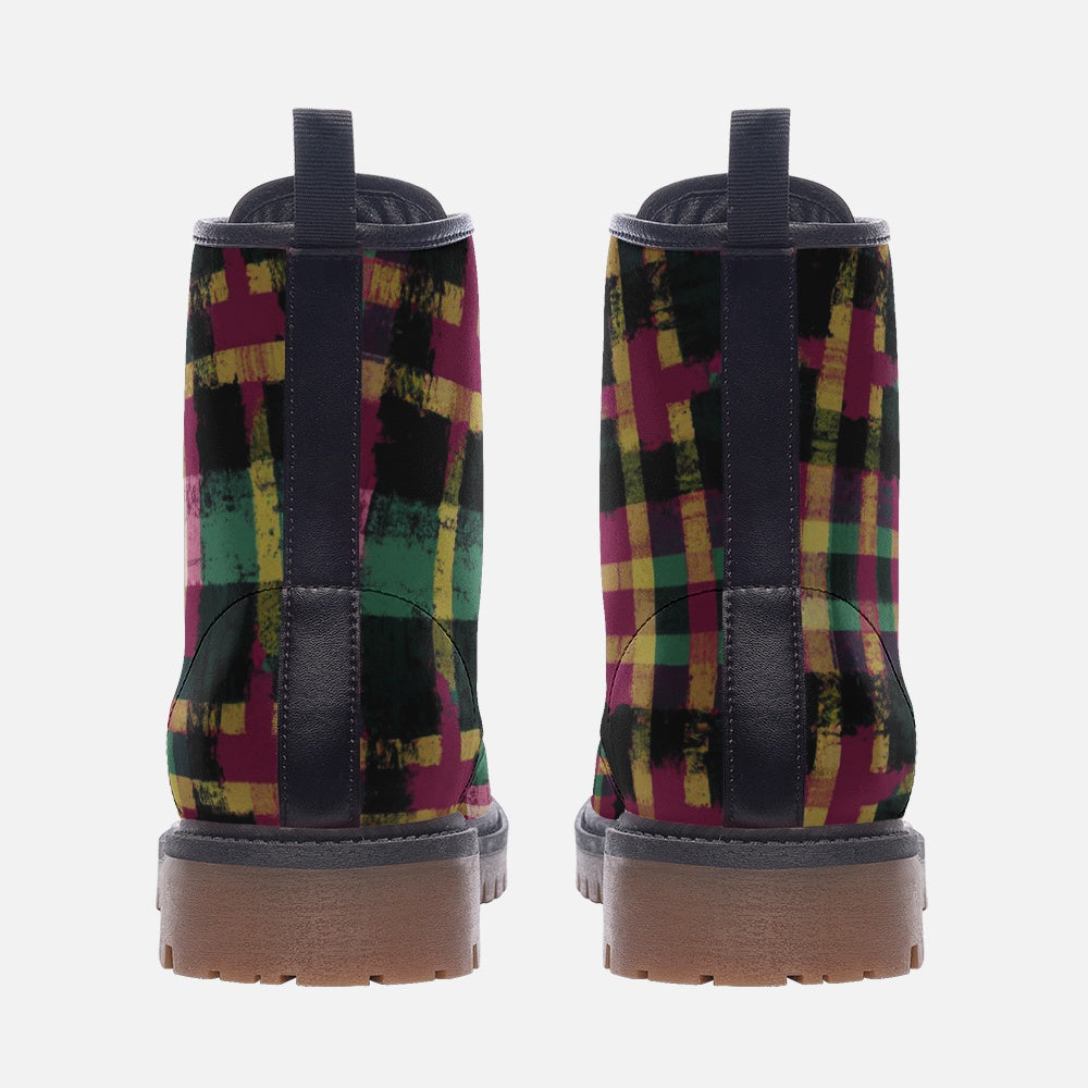 Vampire Art Tartan Grunge Unisex Vegan Leather Combat Boots - Red and Green - US size