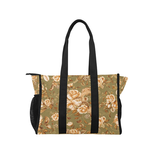 Vampire Art Retro Large Multi-pocket Beach Bag - Vintage Florals in Khaki