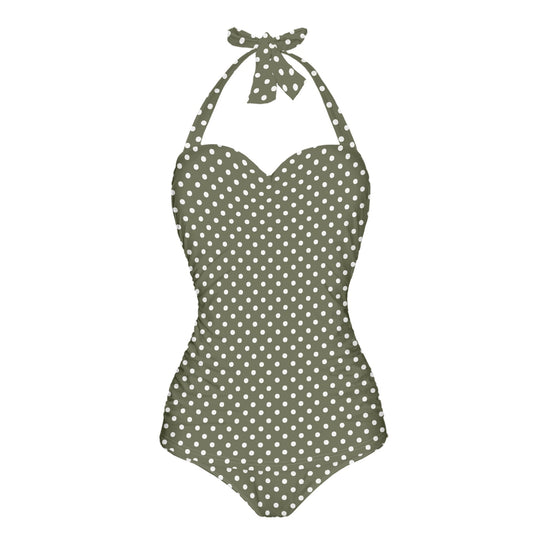 Vampire Art Vintage Chic Halter Neck One-Piece Swimsuit - Olive Green Retro Polka Dot