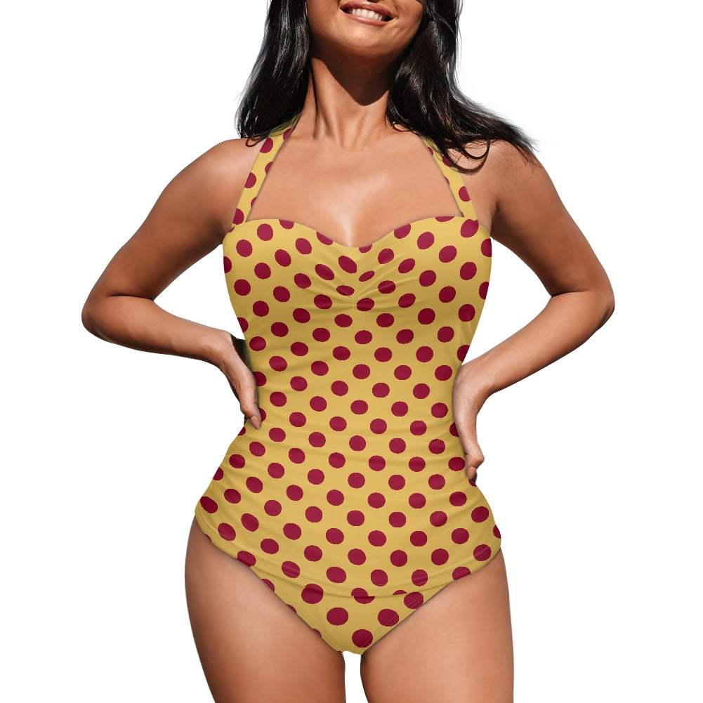 Vampire Art Vintage Chic Halter Neck One-Piece Swimsuit - Yellow and Red Polka Dot