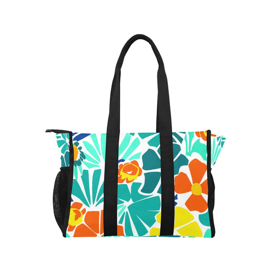 Vampire Art Retro Large Multi-pocket Beach Bag - Bold Sixties Florals in Aqua Green