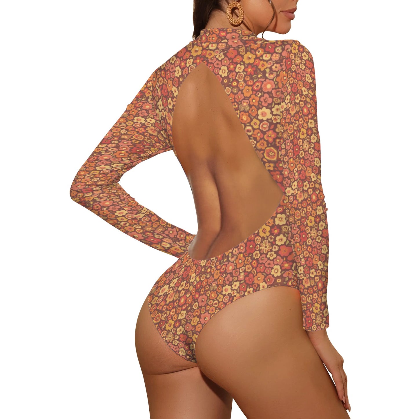 Vampire Art Retro Elegance Backless Long Sleeve Thumbhole Swimsuit - Retro Brown Florals