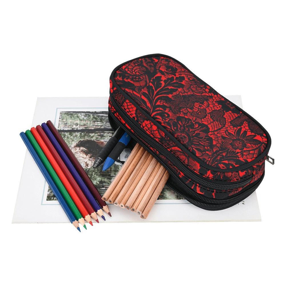 Vampire Art Studio Caddy: Deluxe Pencil Pouch - Red Devil Victorian Lace Print