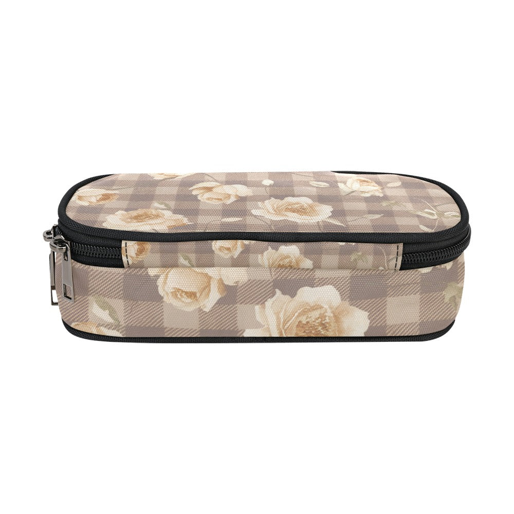 Vampire Art Studio Caddy: Deluxe Pencil Pouch - Brown Khaki Floral Cottagecore Gingham