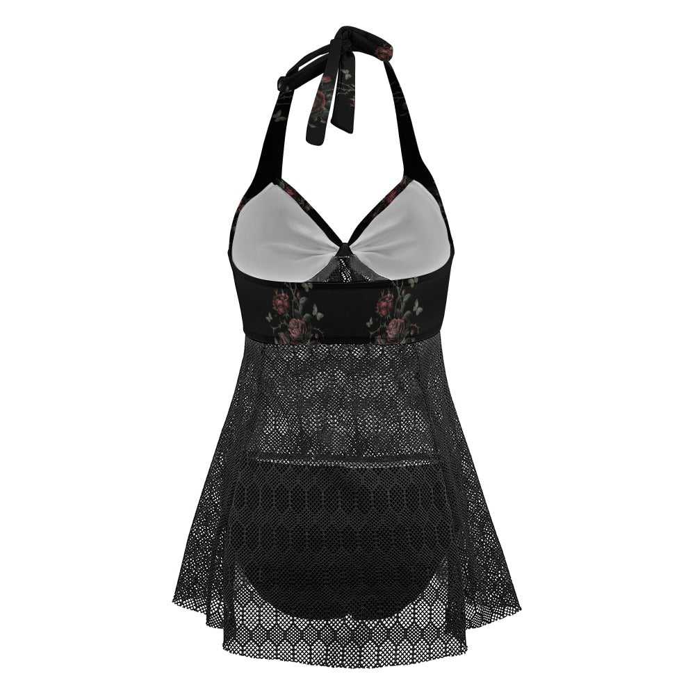 Vampire Art Goth Halter Two Piece Mesh Tankini Swimsuit - Rose Vines