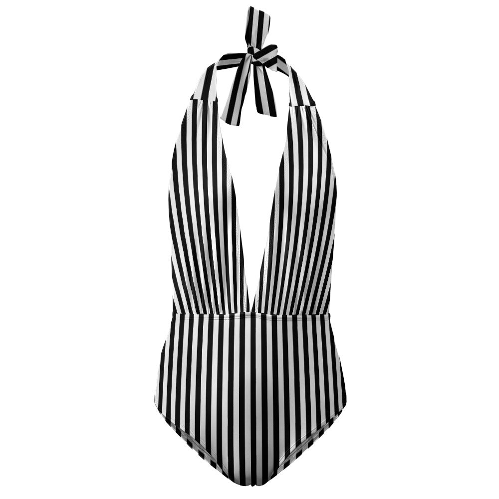 Vampire Art Retro Ladies Halter One Piece Swimsuit - Black and White Vertical Stripes