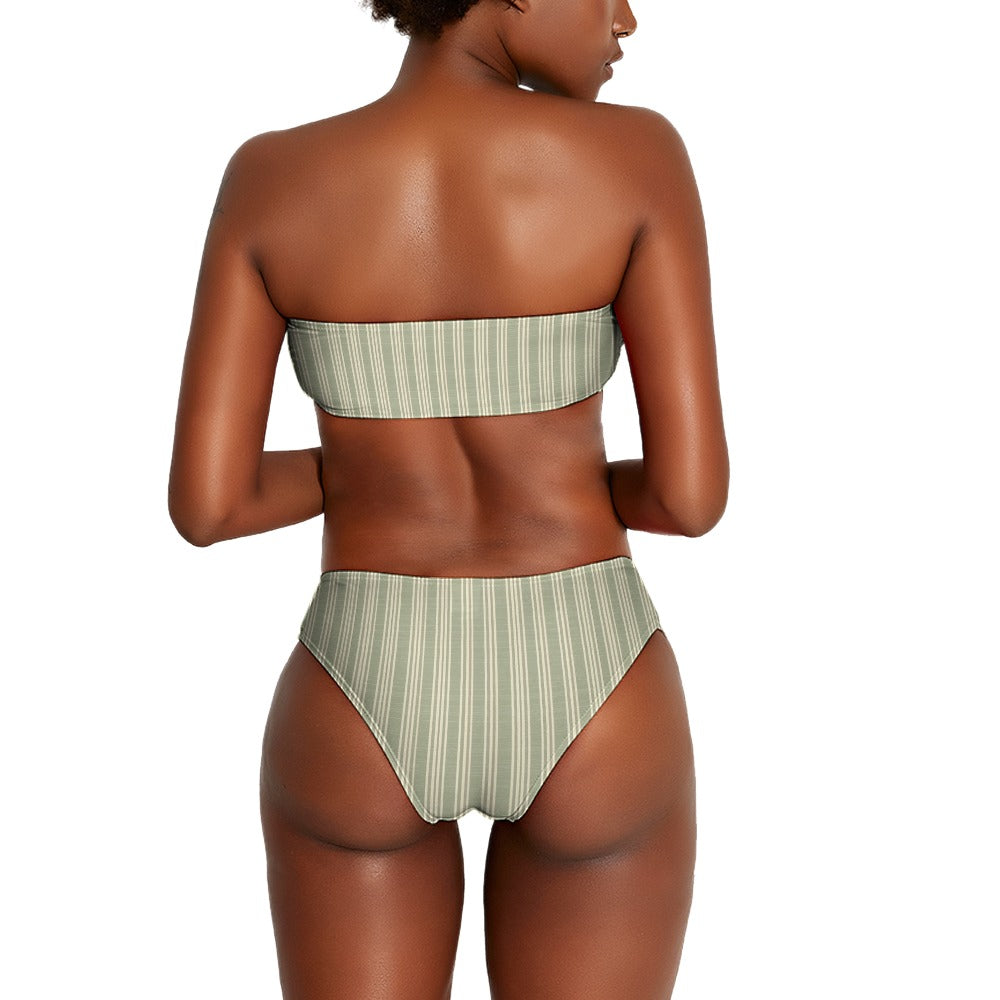 Vampire Art Two Piece Bandeau Strapless Retro Bikinis Swimsuit - Grandad Stripes in Khaki