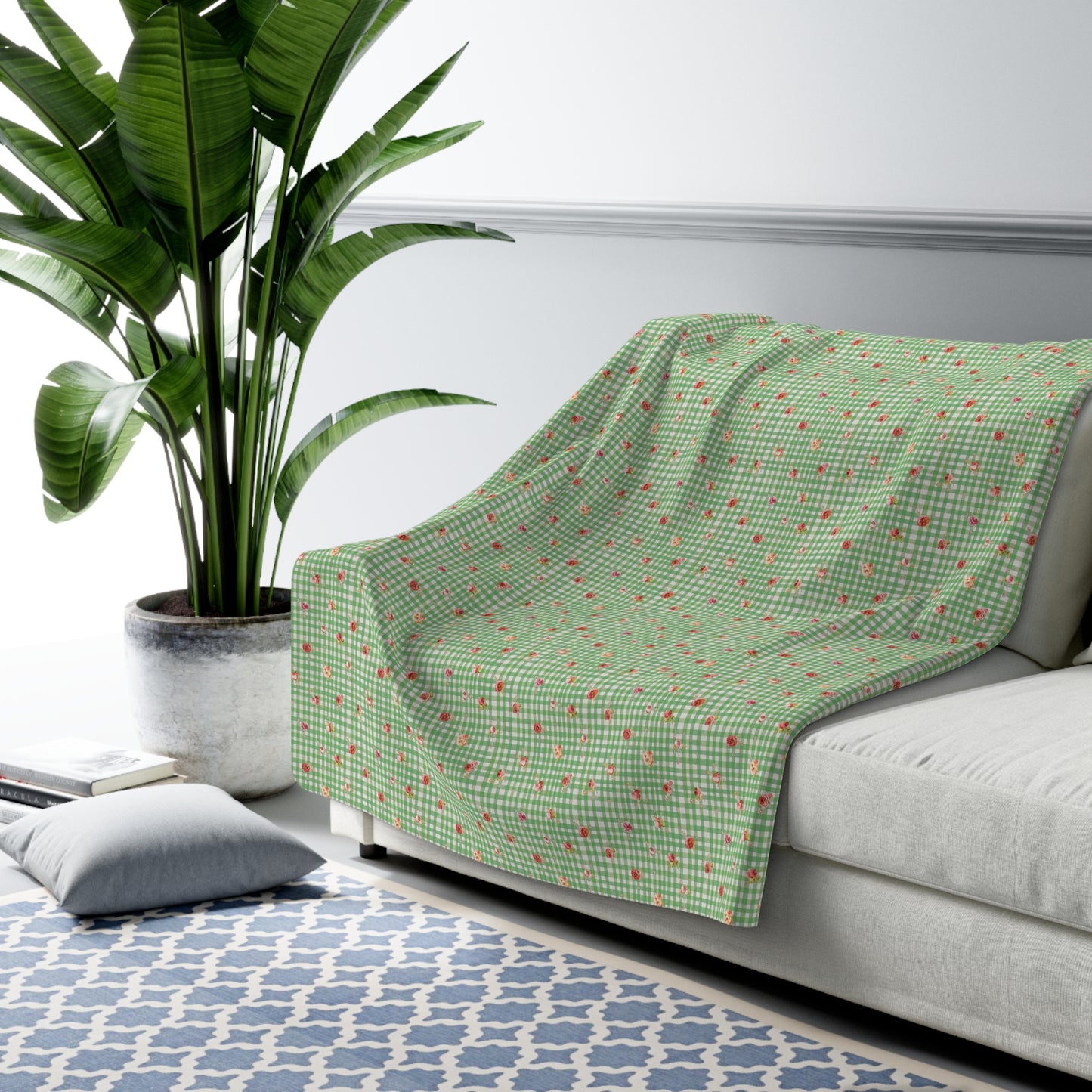 Vampire Art Nostalgic Dream Luxury Sherpa Fleece Blanket - Green Cottagecore Floral Gingham