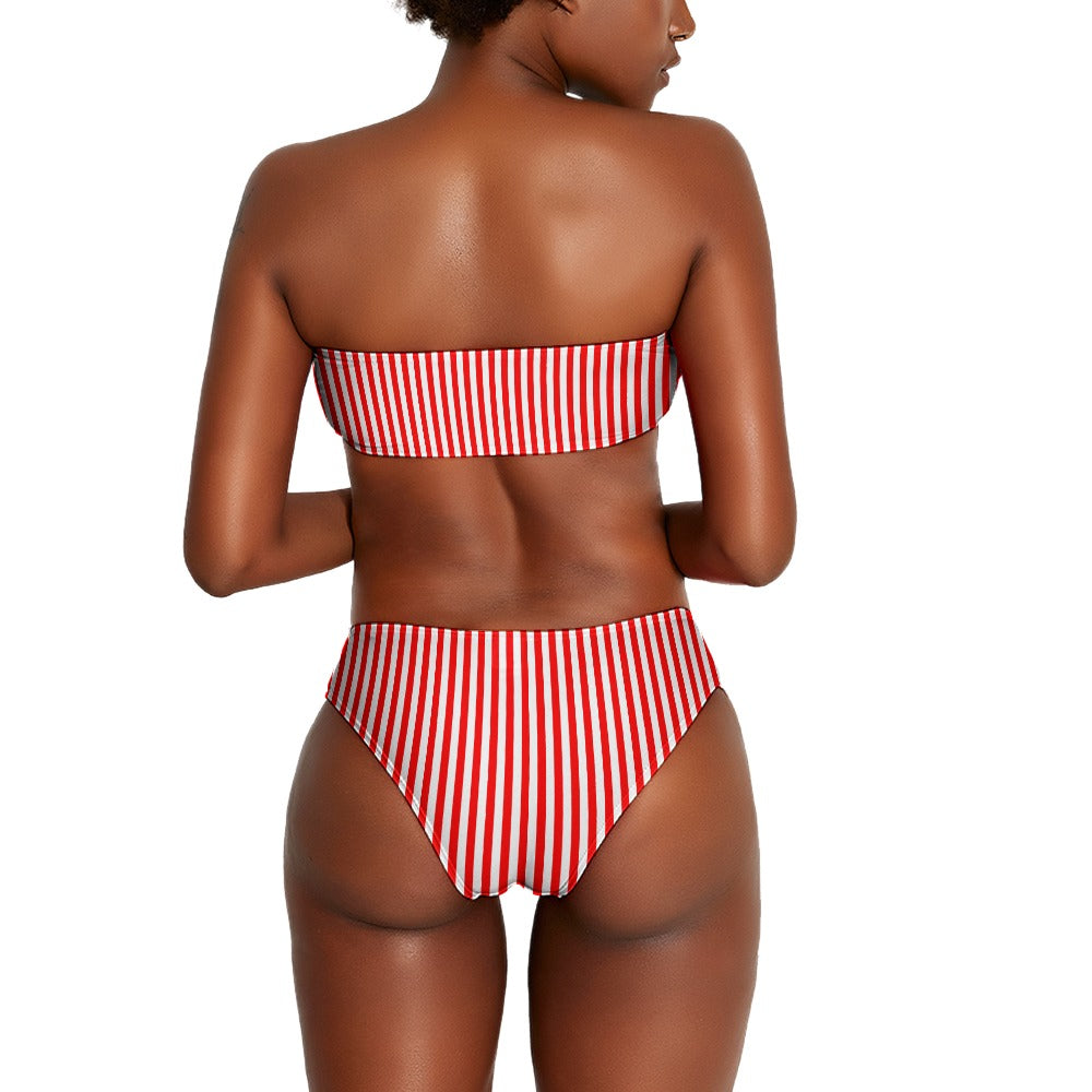 Vampire Art Two Piece Bandeau Strapless Retro Bikinis Swimsuit - Red and White Vertical Stripes