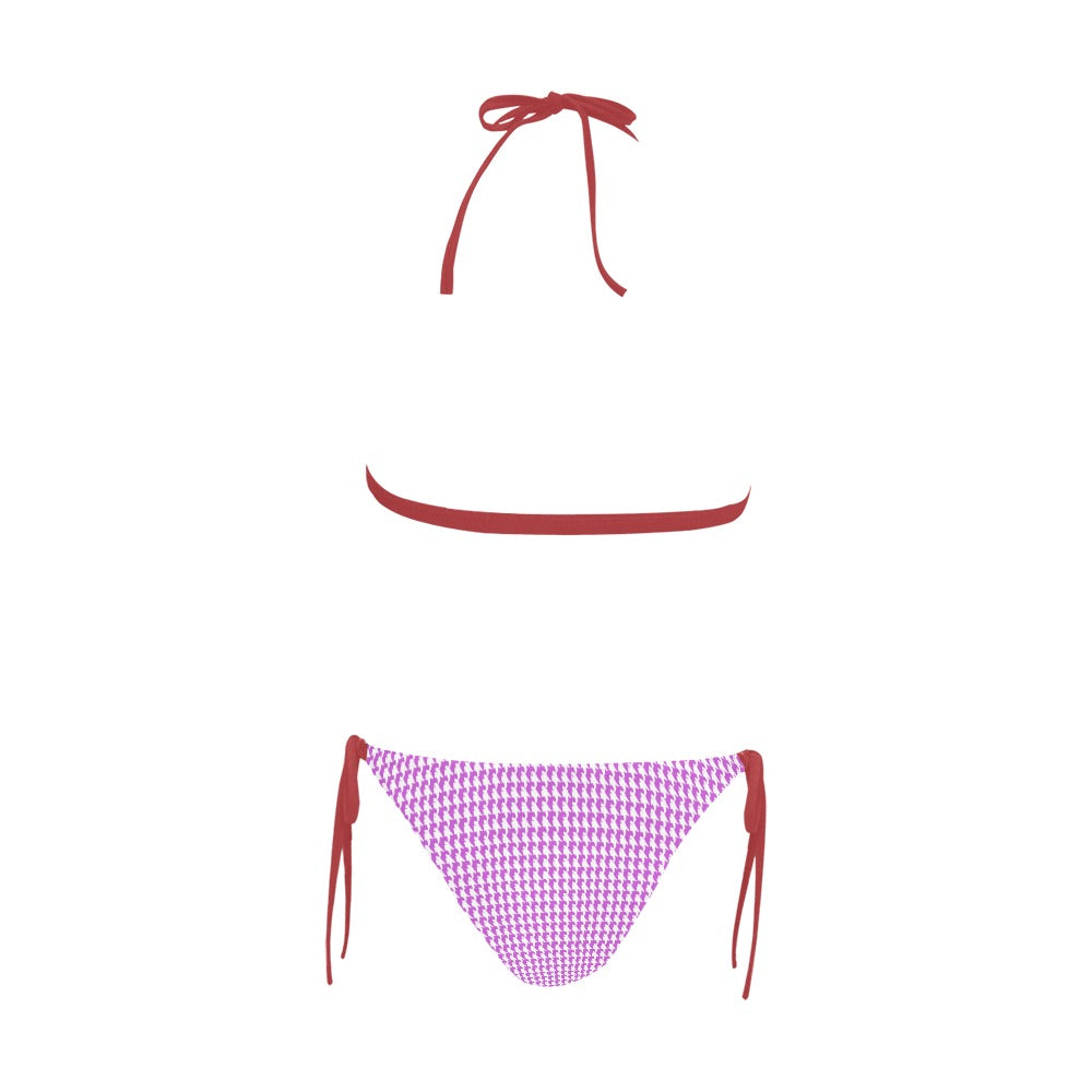 Vampire Art Retro Glam Two-Tone Buckle Halter Bikini Swim Set - Lilac Houndstooth