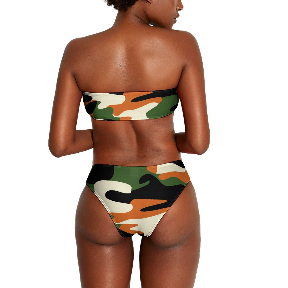 Vampire Art Two Piece Bandeau Strapless Retro Bikinis Swimsuit - Eighties Camo with Orange