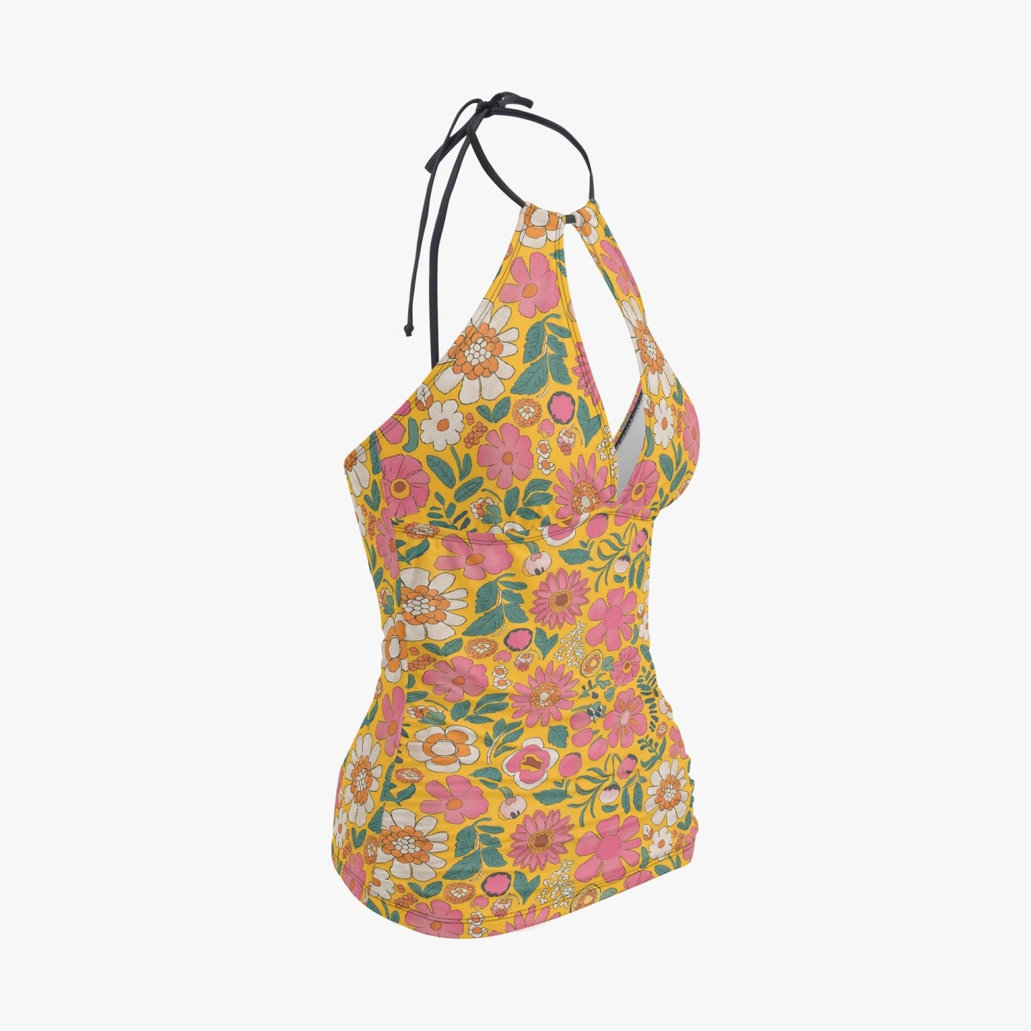 Vampire Art Retro Halter Two-Piece Tankini Swimsuit - Sixties Hippie Boho Florals in Yellow