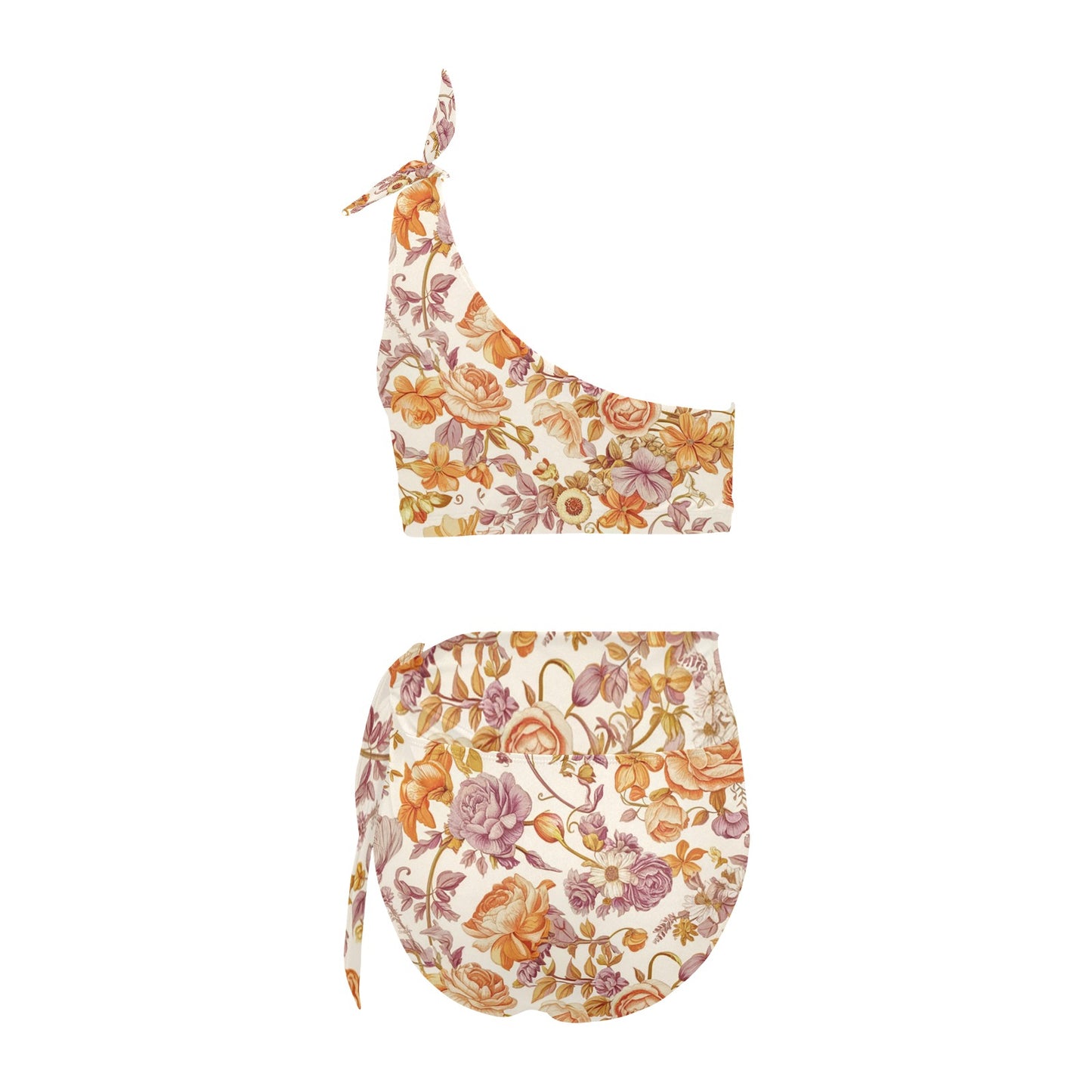 Vampire Art Retro High Waisted One Shoulder Bikini Set - Orange and Lilac Florals