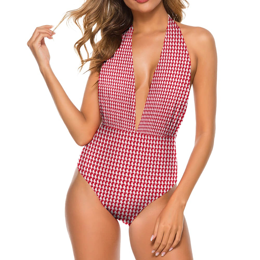 Vampire Art Retro Ladies Halter One Piece Swimsuit - Red Houndstooth