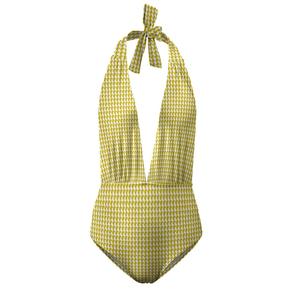 Vampire Art Retro Ladies Halter One Piece Swimsuit - Olive Green Houndstooth