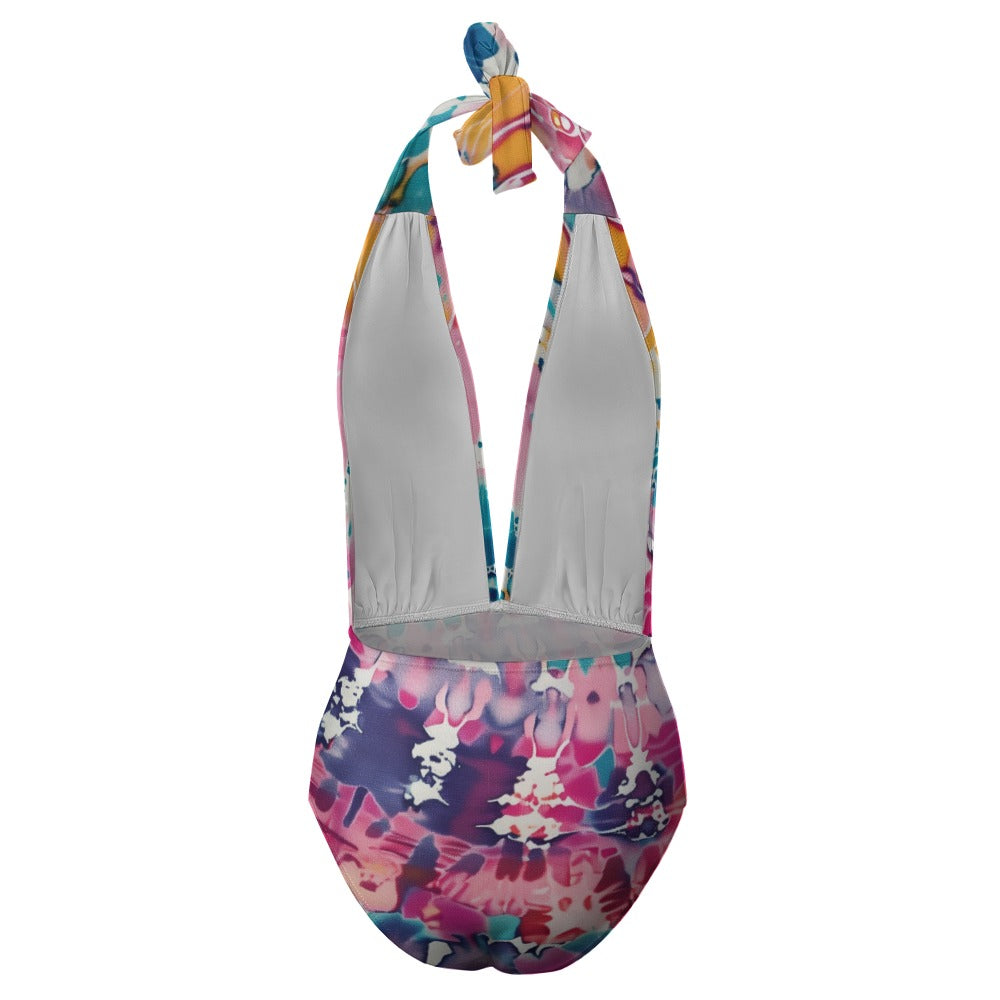 Vampire Art Hippie Tie-Dye Motif Festival Boho One Piece Halter Swimsuit - Pastels