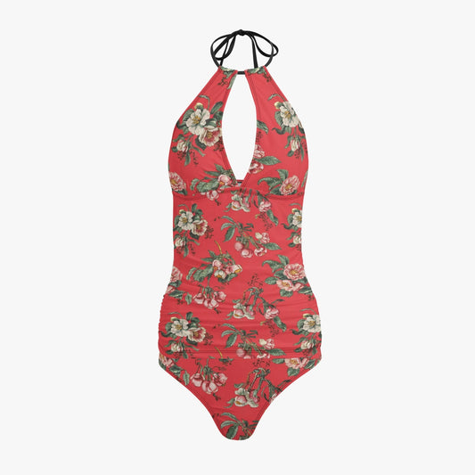 Vampire Art Retro Halter Two-Piece Tankini Swimsuit - Retro Florals in Coral Pink