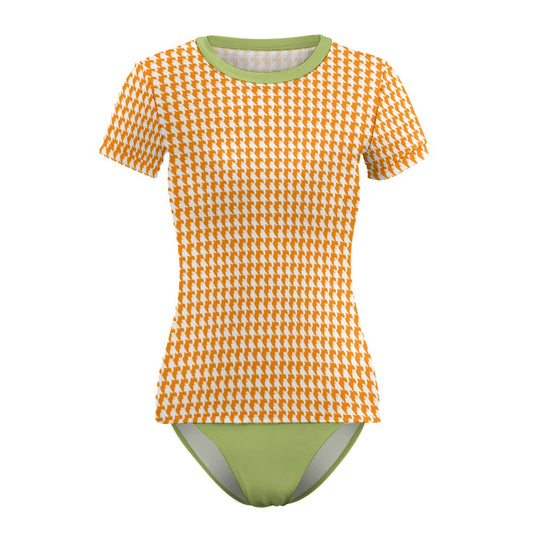 Vampire Art Retro Short Sleeve Two Piece Bikini Suit - Two-Tone Orange and Green Houndstooth