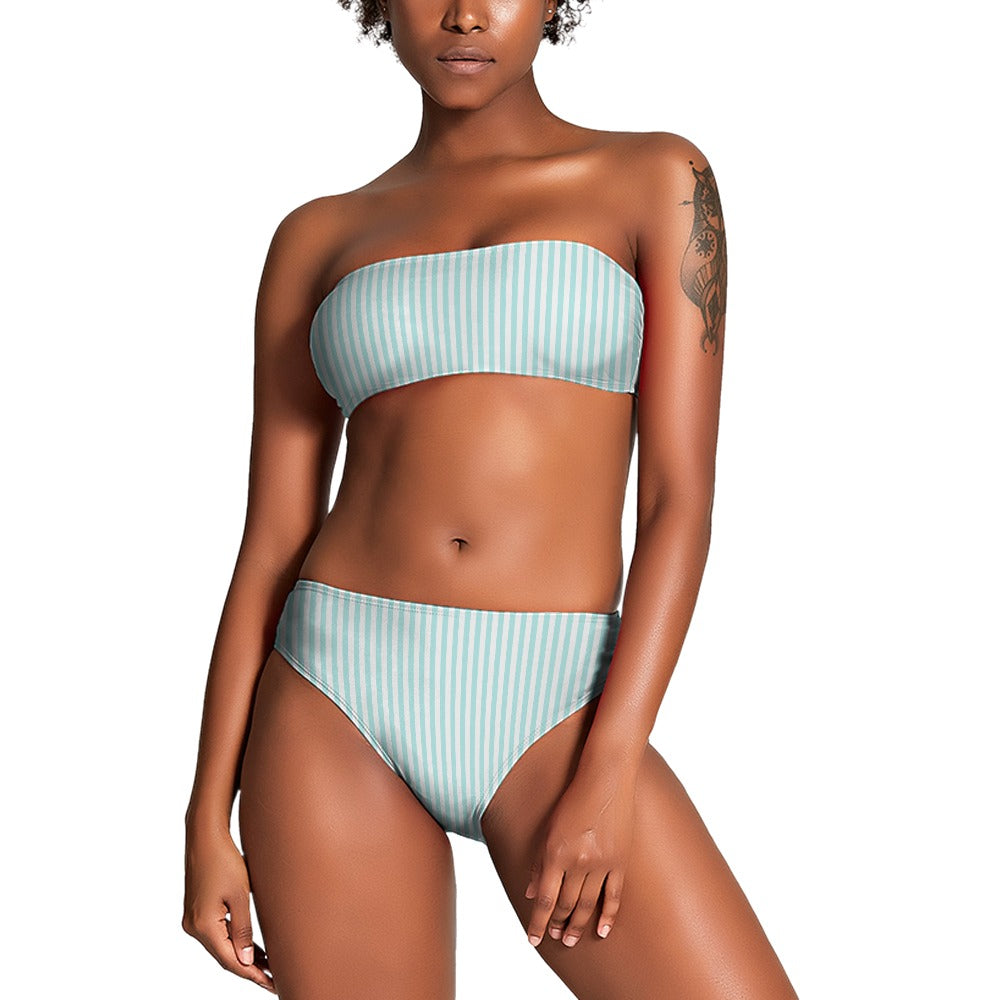 Vampire Art Two Piece Bandeau Strapless Retro Bikinis Swimsuit - Aqua Green Vertical Stripes