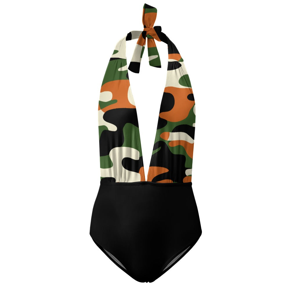 Vampire Art Retro Ladies Halter One Piece Swimsuit - 1980s Camo with Orange and Black