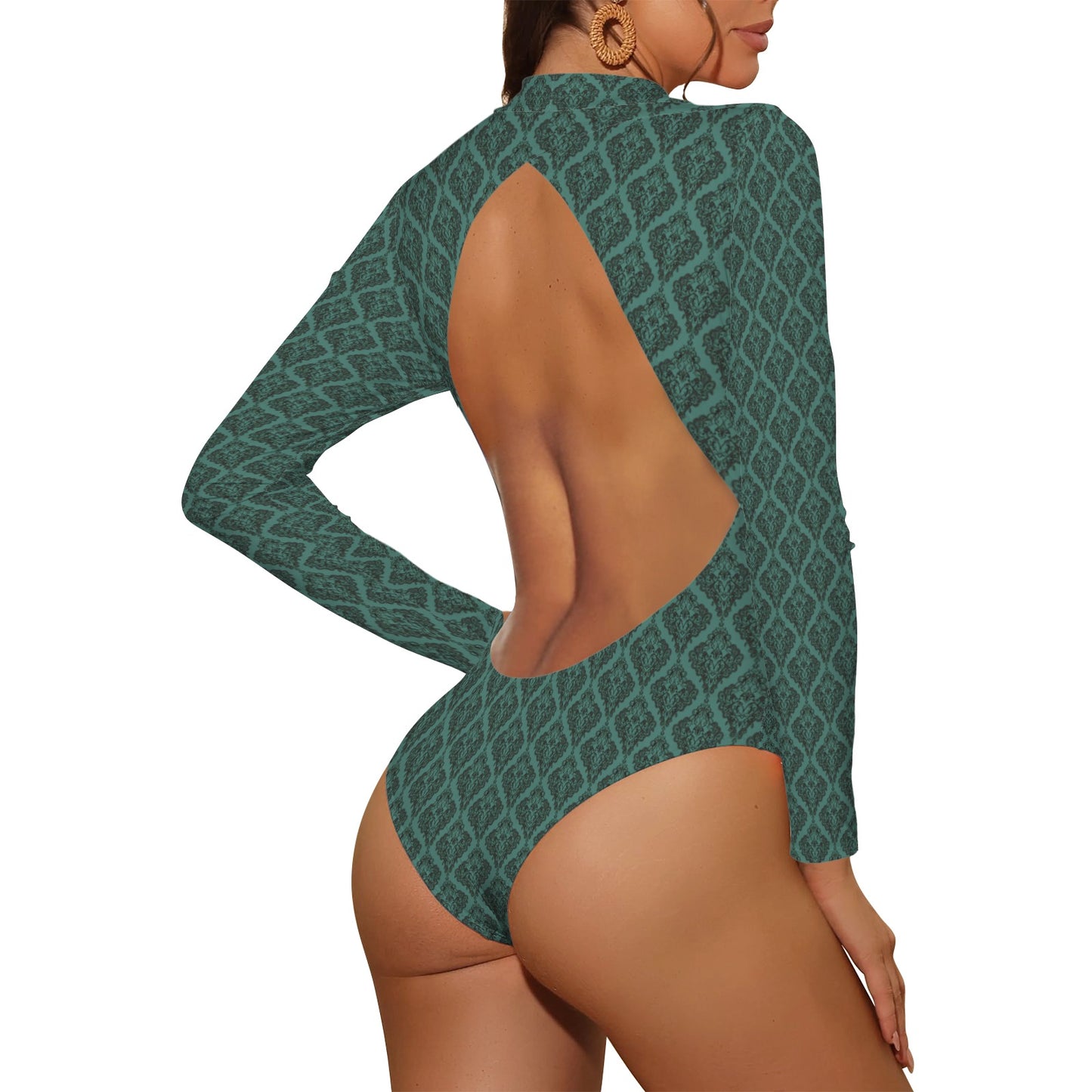 Vampire Art Retro Elegance Backless Long Sleeve Thumbhole Swimsuit - Victorian Damask in Green