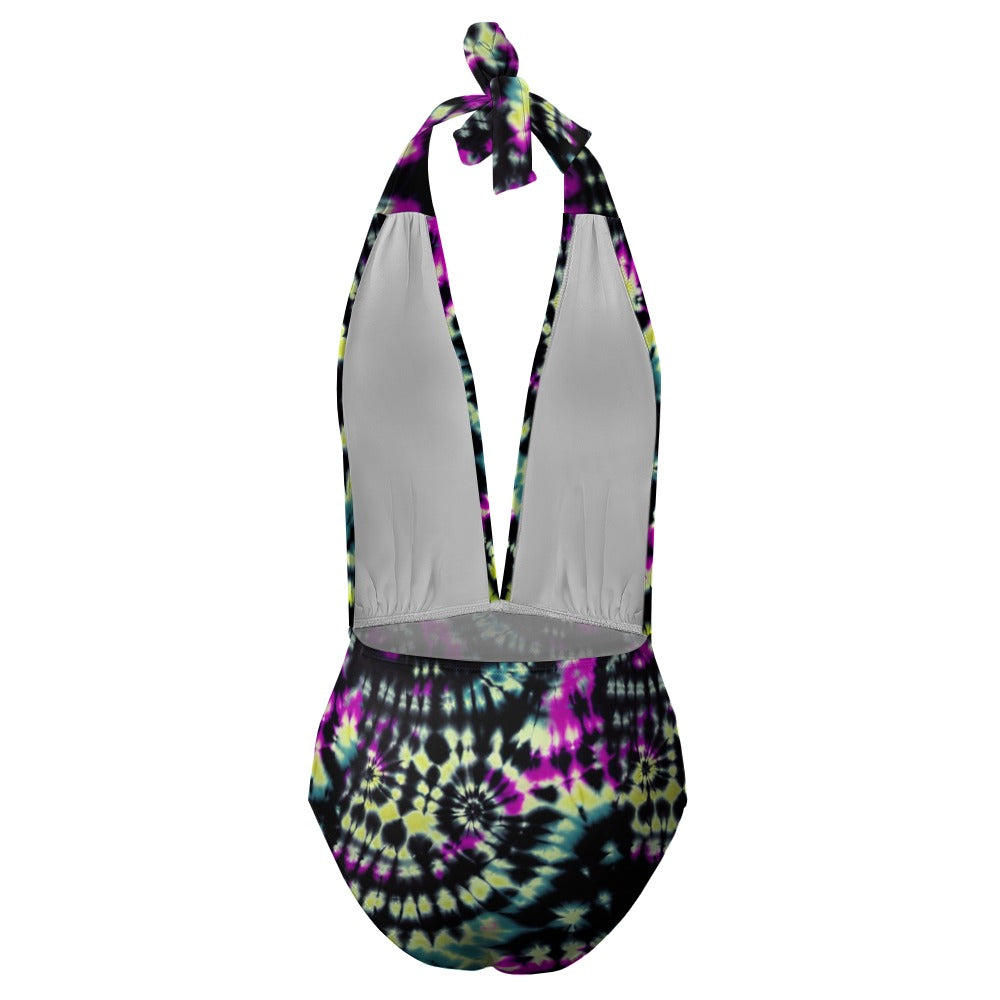 Vampire Art Hippie Tie-Dye Motif Festival Boho One Piece Halter Swimsuit - Black with Purple