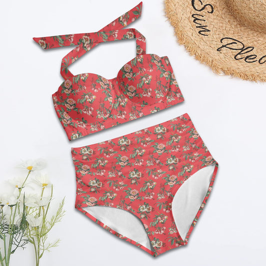 Vampire Art Vintage Charm Floral Halter Bikini - Red