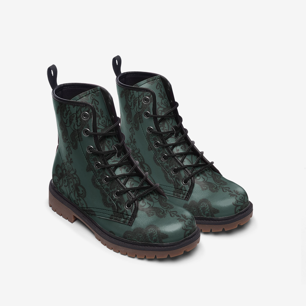 Vampire Art Dark Dream Unisex Vegan Leather Combat Boots - Teal Goth Damask - US Sizes