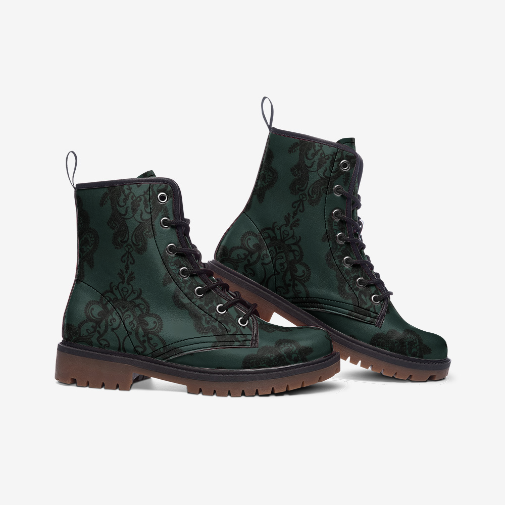 Vampire Art Dark Dream Unisex Vegan Leather Combat Boots - Teal Goth Damask - US Sizes