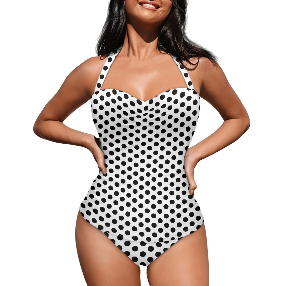 Vampire Art Vintage Chic Halter Neck One-Piece Swimsuit - White with Black Dots