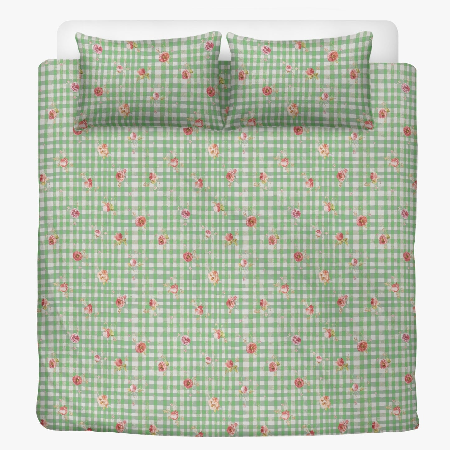 Vampire Art 3-Piece Retro Polyester Bedding Set - Green Floral Gingham